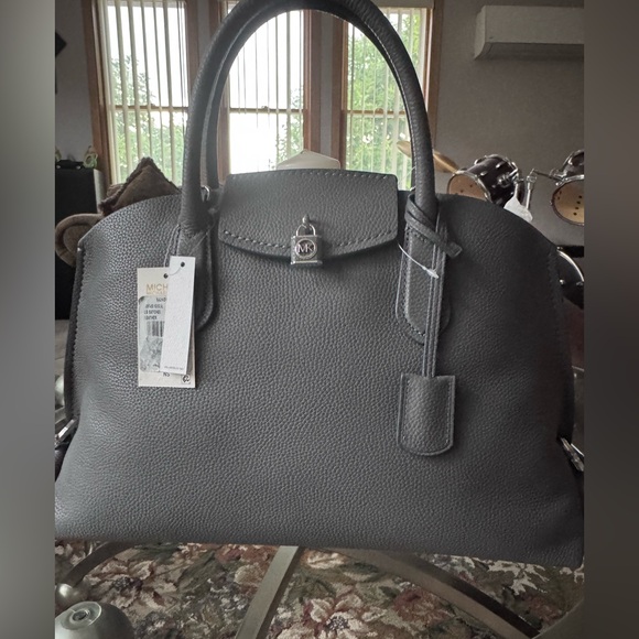 Michael Kors Gray Satchel with Pebbled Leather and Silver Hardware